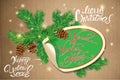 Holiday greeting Card with oval paper frame, canes and fir-tree