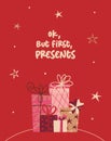 Holiday greeting vector cards with present box on red background. Winter christmas presents postcard or banner flat template with Royalty Free Stock Photo