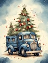 Holiday Greetings Card - A Blue Truck With A Christmas Tree Royalty Free Stock Photo