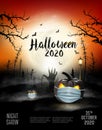 Holiday Halloween background with pumpkins wearing medical face mask and silhouettes of bats, dead trees and big moon. Halloween Royalty Free Stock Photo