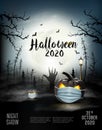 Holiday Halloween background with pumpkins wearing medical face mask and silhouettes of bats, dead trees and big moon. Halloween Royalty Free Stock Photo