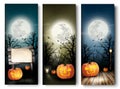 Holiday Halloween Banners with Pumpkins and Wooden Sign Royalty Free Stock Photo