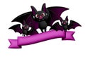 Holiday Halloween set of themed decorative elements for design. 3d objects in cartoon style. Three Bats and tag