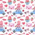 Holiday hand painted seamless pattern for valentines day. Pink and red hearts, lips, special delivery car with gift boxes, arrows