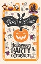 Holiday Happy Halloween flyer template with funny cartoon smiling bat with spread wings and Trick or Treat lettering