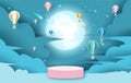 Holiday of hot air balloons on abstract cloud in full moon and shooting star night sky background with pink stage podium and blank Royalty Free Stock Photo