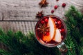 Holiday Hot Drink. Mulled Wine In Glass with Spices And Apple. Christmas Drink Food Concept Royalty Free Stock Photo