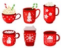 Holiday hot drinks. Christmas winter drinks, latte, cappuccino and hot cocoa with marshmallows vector illustration set