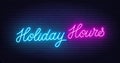 Holiday Hours neon lettering on brick wall background.