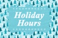 Holiday Hours sign with snowflakes on Christmas tree