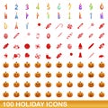 100 holiday icons set, cartoon style
