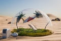 Holiday idyll with sun lounger and parasol on a small grassy area under a glass dome in the middle of the desert Air conditioning