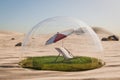 Holiday idyll with sun lounger and parasol on a small grassy area under a glass dome in the middle of the desert Air conditioning