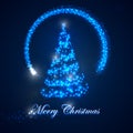 Holiday illustration of Christmas tree. shiny lights sparkles, and flying magic star. Merry Christmas