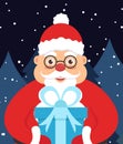 Holiday illustration greeting card for new year or Christmas. Santa Claus in the night in the hands with a gift. Vector