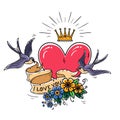 Holiday illustration with pink heart and gold crown. Swallows fly and hold ribbon decorated with flowers. I love you Royalty Free Stock Photo