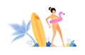 Holiday illustrations of woman tries to flamingo buoy and gets ready to swim. surfing board stuck near on coconut tree. vector