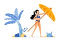 Holiday illustrations of woman tries to open a beach umbrella and relax under a banana tree and sunshine. concept of isolated