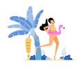 Holiday illustrations of woman wearing bikini and pink flamingo buoy. fruiting banana tree on the beach. concept of isolated