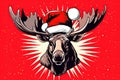 Holiday-Inspired Deer: Horned Elk Wearing Santa Claus Hat for Creativity - Generative AI Royalty Free Stock Photo