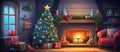 Holiday interior design with Christmas tree and fireplace in a cozy living room Royalty Free Stock Photo