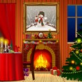 Holiday interior with fireplace, gifts and decorated christmas t Royalty Free Stock Photo