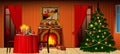 Holiday interior with fireplace, gifts and decorated christmas t Royalty Free Stock Photo