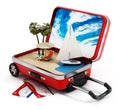 Holiday island inside half open travel suitcase. 3D illustration