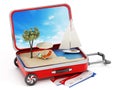 Holiday island inside half open travel suitcase. 3D illustration