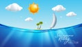 Holiday island, summer, palm, beach, sea, wave, yacht, sailboat, sun, cloud, cartoon color vector illustrator Royalty Free Stock Photo