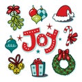 Holiday joy seasonal icons, wreath, ornaments illustration set