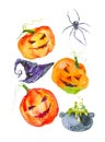 Holiday kit for Halloween, pumpkin,wizard`s hat,a spider and bottles of potion. Watercolor illustration isolated on white