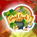 Holiday label with shamrock, rainbow and leprechaun pot of gold on a mosaic background.