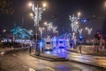 Christmas light trams on St. GellÃ©rt square in Budapest.