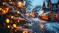 Holiday lights glimmering on snow-covered houses and trees