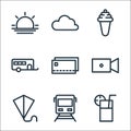 Holiday line icons. linear set. quality vector line set such as juice, train, kite, video recorder, card payment, caravan, ice Royalty Free Stock Photo