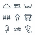 Holiday line icons. linear set. quality vector line set such as kite, car, ice cream, bus, ice cream, chairs, spectacles, caravan