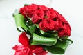 Holiday love present on Valentines Day, luxury bouquet of red roses