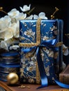 Holiday luxury gift box with bow ribbons and bouquet of flowers.Christmas still life
