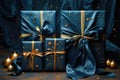 Holiday luxury gift boxes with golden bow ribbons and decor on blue background.Christmas gift wrapping