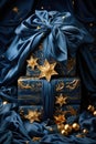 Holiday luxury gift boxes with golden decor and bow ribbon.Christmas gift wrapping
