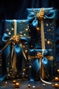 Holiday luxury gift boxes with golden decor and bow ribbon.Christmas gift wrapping