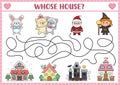 Holiday maze for kids. Preschool printable activity with kawaii Santa Claus, witch, cats, bunny, houses. Labyrinth game or puzzle Royalty Free Stock Photo