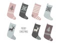 Holiday Merry Christmas card. Christmas stocking. Holiday socks set. Cartoon New Year vector eps 10 illustration Royalty Free Stock Photo