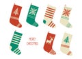 Holiday Merry Christmas card. Christmas stocking. Holiday socks set. Cartoon New Year vector eps 10 illustration Royalty Free Stock Photo