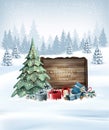 Holiday Merry Christmas and Happy New Year background with Christmas tree, colorful gift boxes and wooden sign