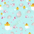 Holiday Model of greeting seamless pattern with easter eggs, cute chikens and flowers. Vector Illustration