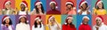 Holiday Mood. Diverse Cheerful Multietnic People Wearing Santa Hats On Colorful Backgrounds