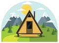 Holiday in the mountains, a-frame house on lawn, small cabin, front view