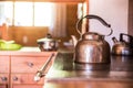 Holiday in the mountains: Rustic old wooden interior of a cabin or hut Royalty Free Stock Photo